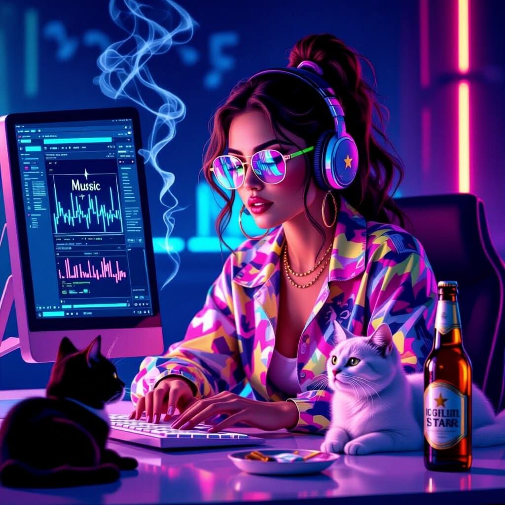 Woman Creating Music on PC with Cats and Neon Vibe