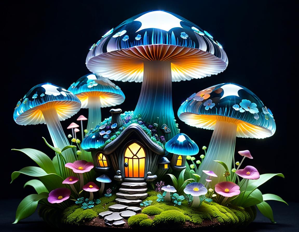 Crystal Mushroom House Amid Bioluminescent Flora