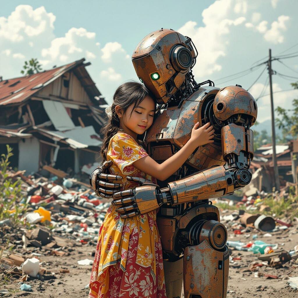 Girl and Robot in Post-Disaster Landscape