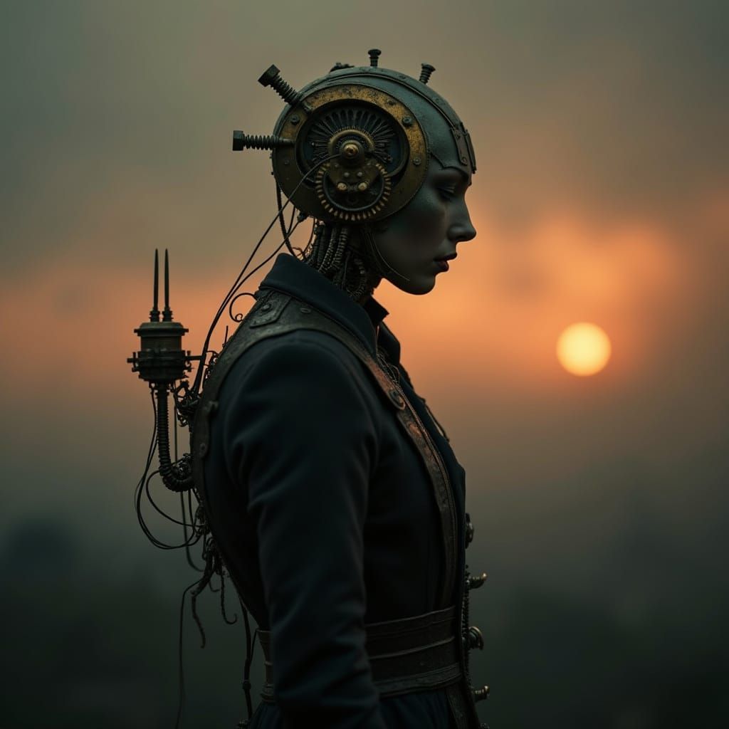 Steampunk Automaton Silhouette in Twilight Sky