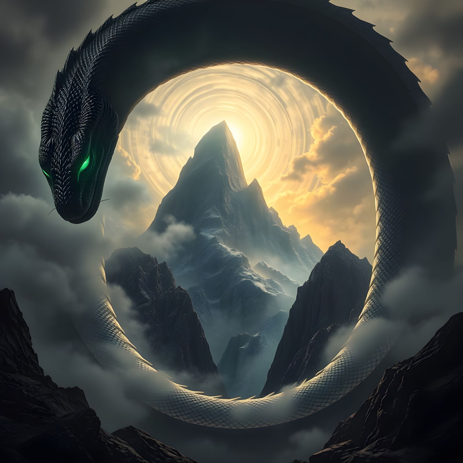 A giant world serpent with green glowing eyes as it coils around a mountain