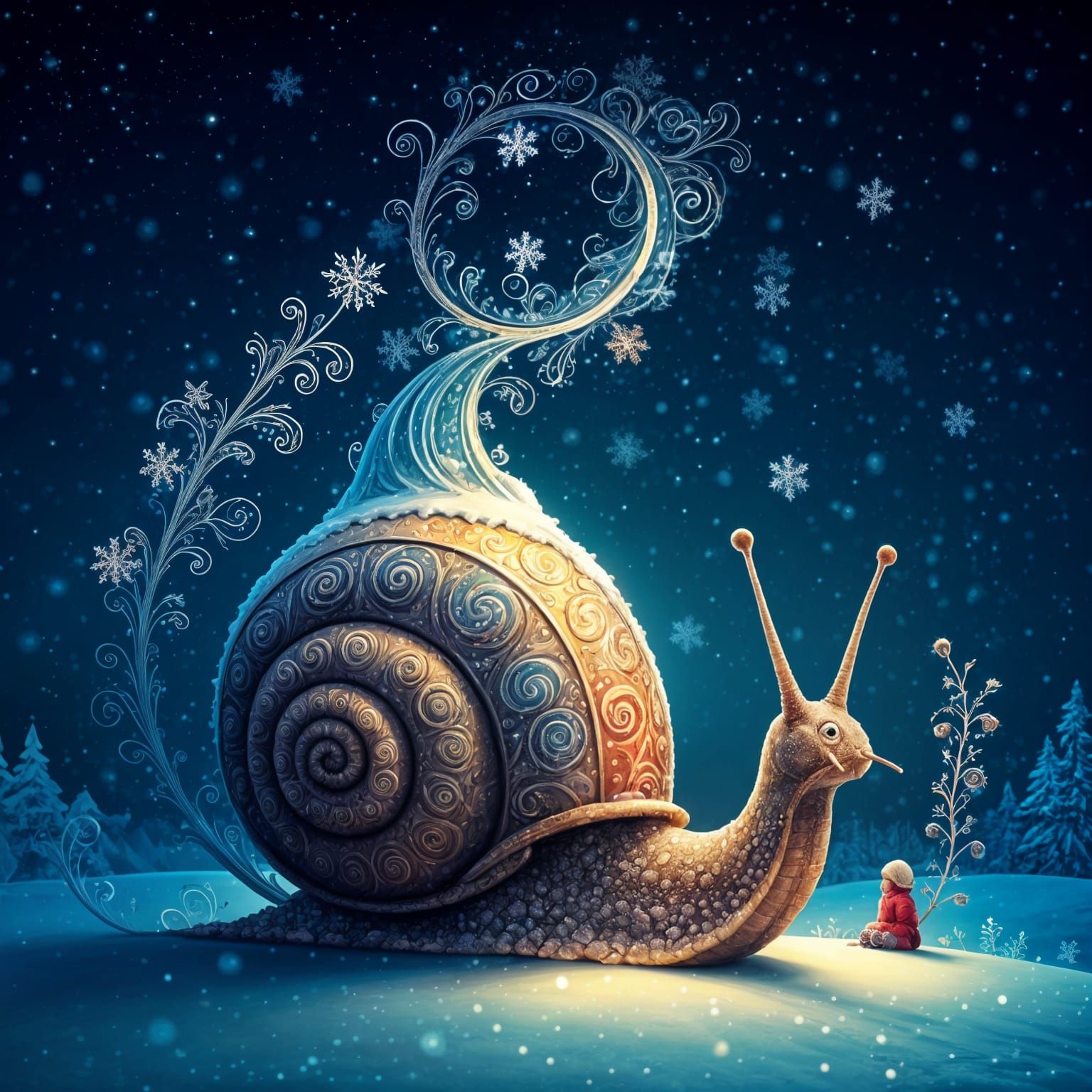 Colorful Snail in Winter Wonderland