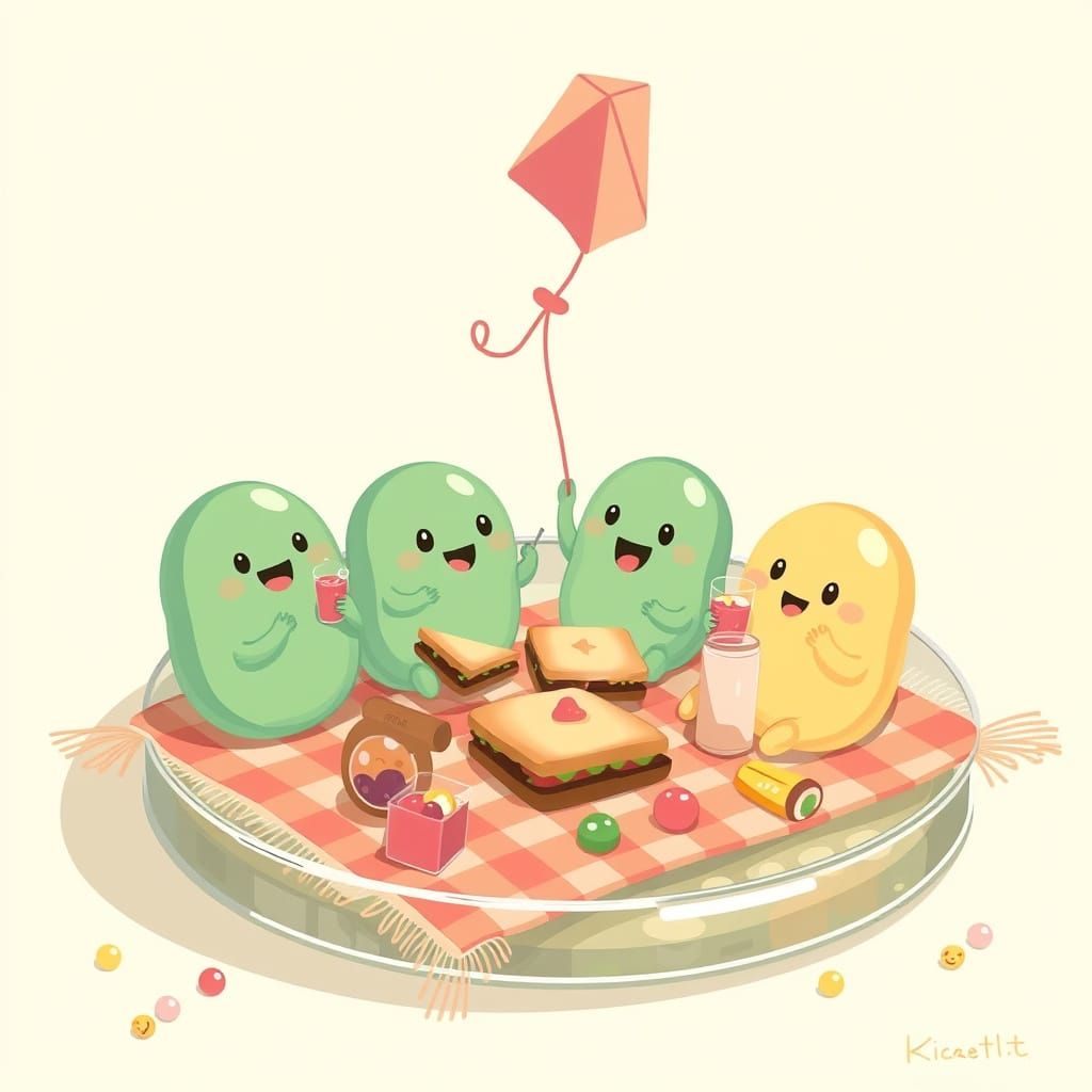 Cheerful Blob Microbes Picnic in Petri Dish Illustration