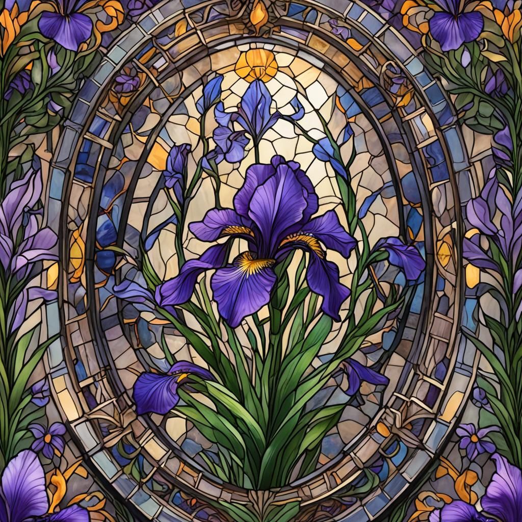 Purple Iris in Oval Stained Glass