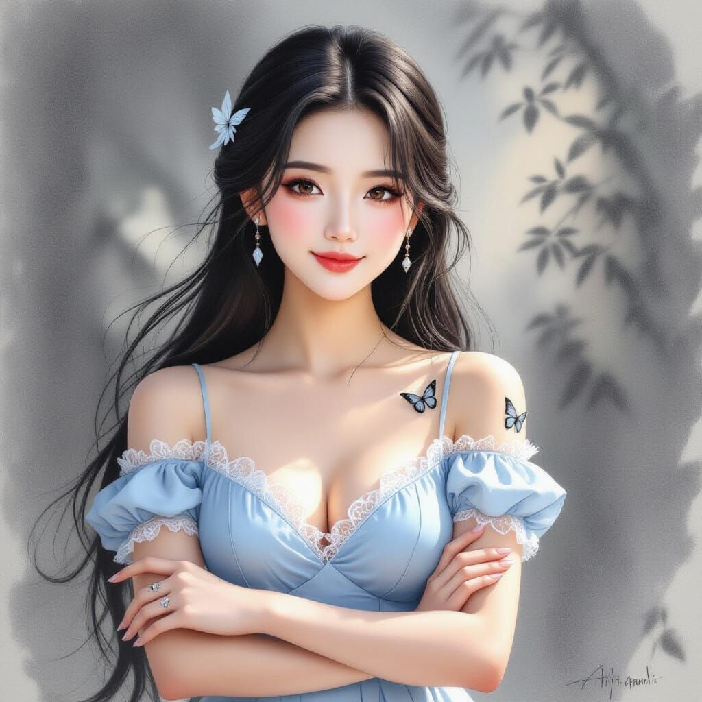 B&W Pencil Sketch: Elegant Chinese Woman with Butterfly Tatt...