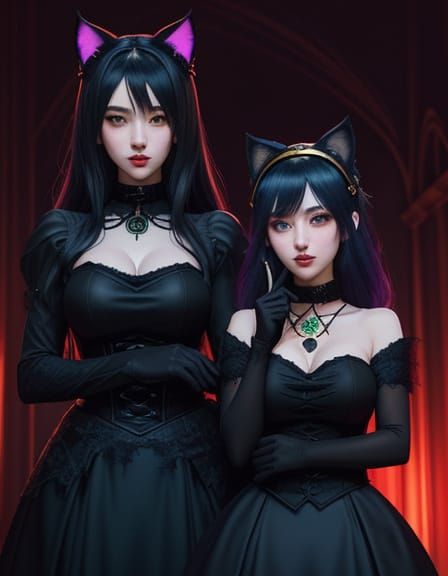 Gothic Anime Goddesses Unite in Vibrant, Warmly Lit Setting