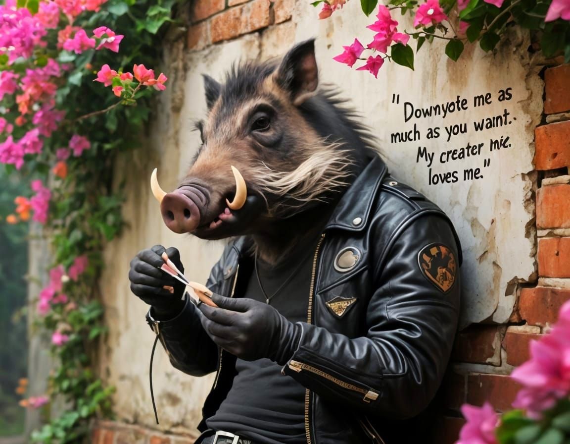 Biker Boar Files Nails Against Graffiti Wall