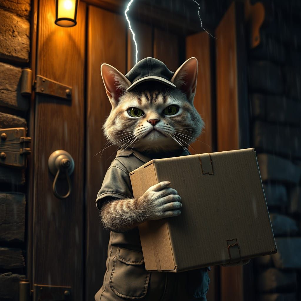 Disgruntled Delivery Cat Battles Stormy Night