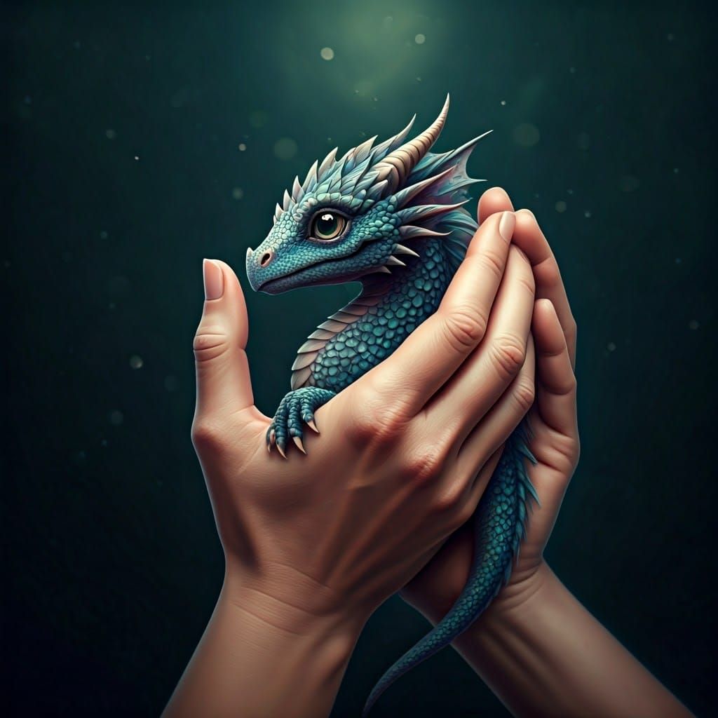 Gentle Hands Cradling an Iridescent Dragon