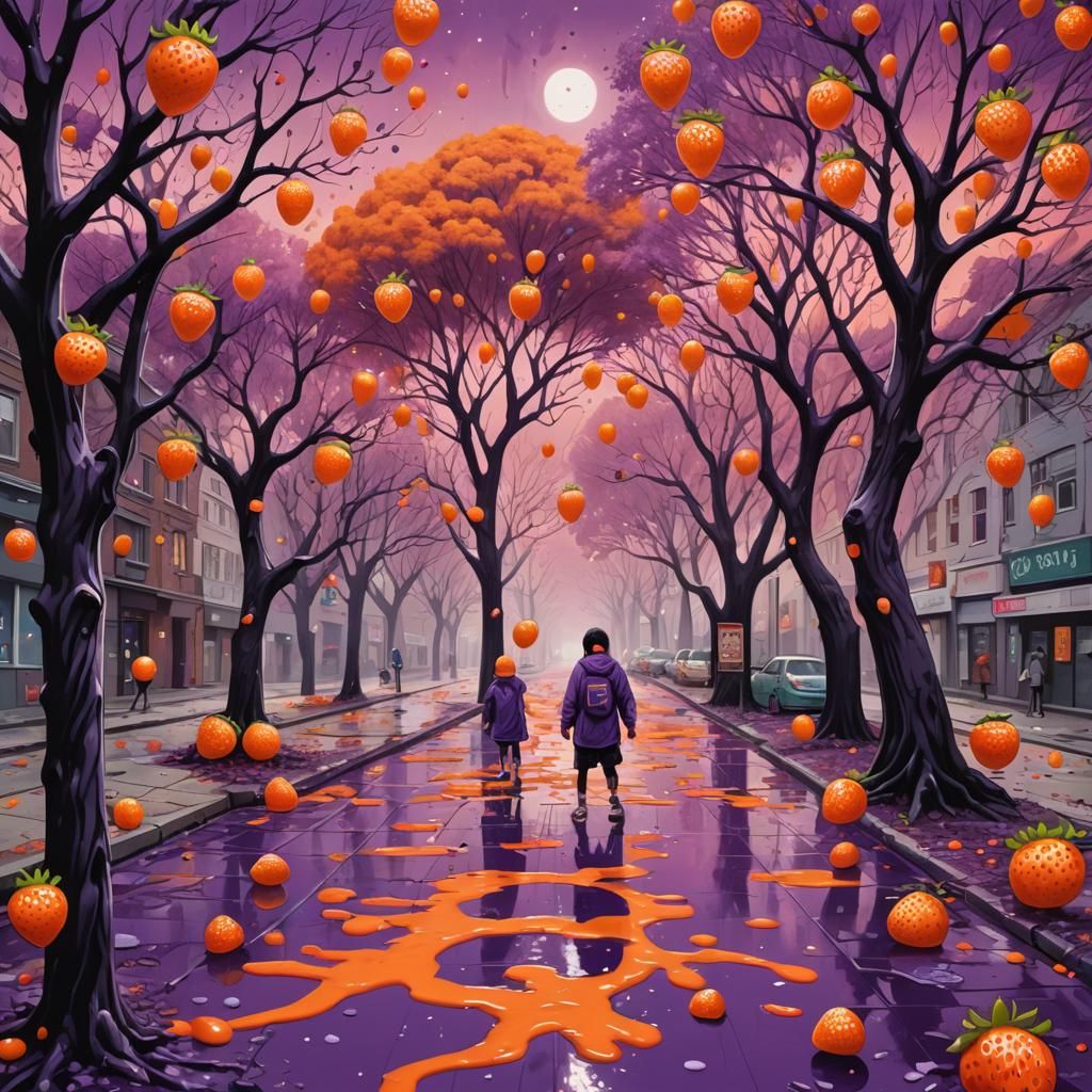 Whimsical Alien Landscape with Strawberry Rivers