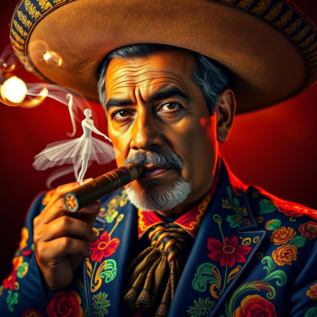 A Mexican man smoking a cigar where the smoke is in the shap...