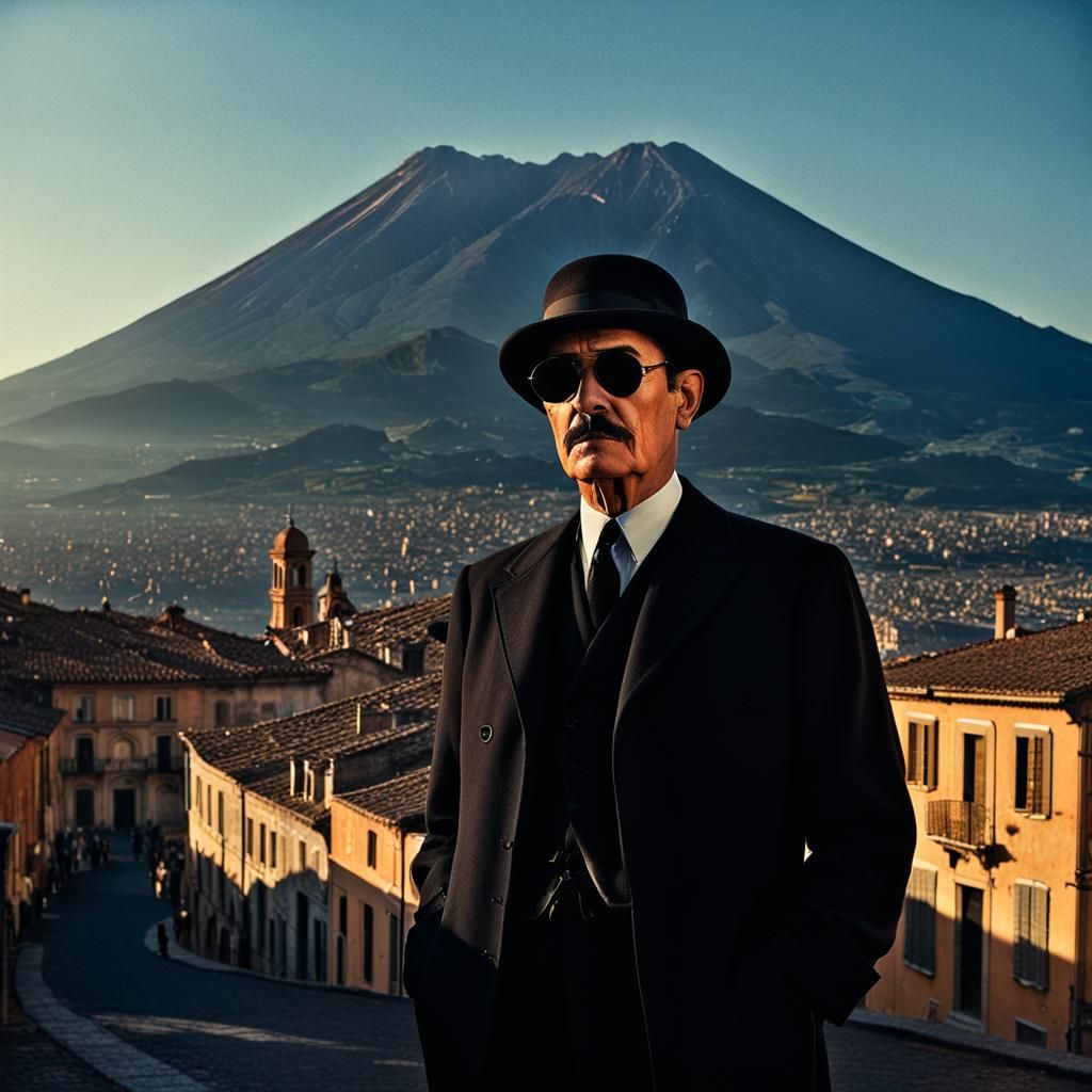 Film Noir Italian Man in Black: Cinematic Scene