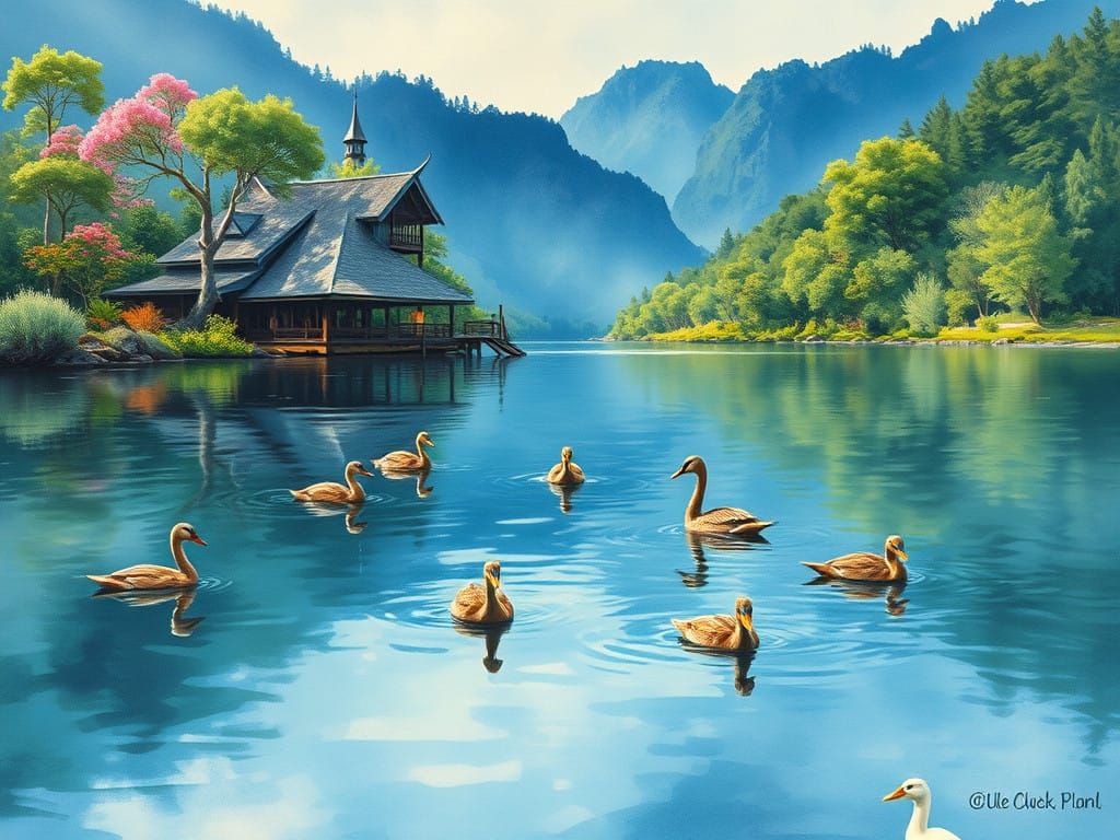 Dreamy Lake Scene with Swans and Mountains