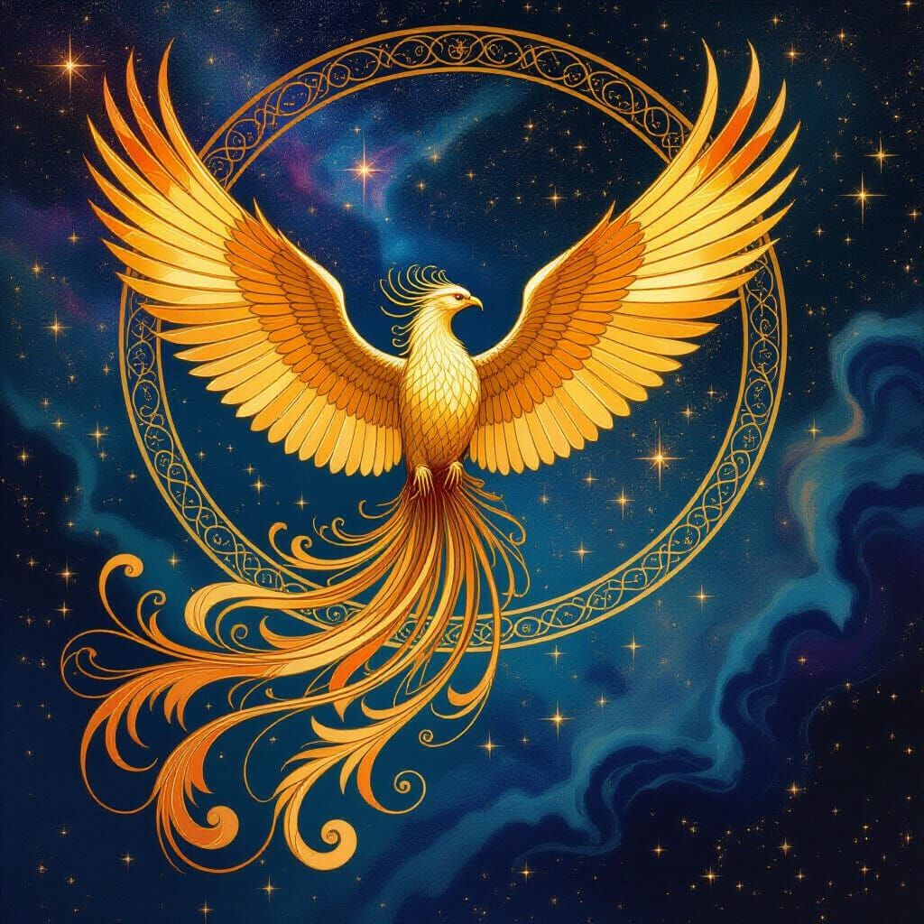 Majestic Phoenix Rises from Cosmic Nebula in Art Nouveau Sty...
