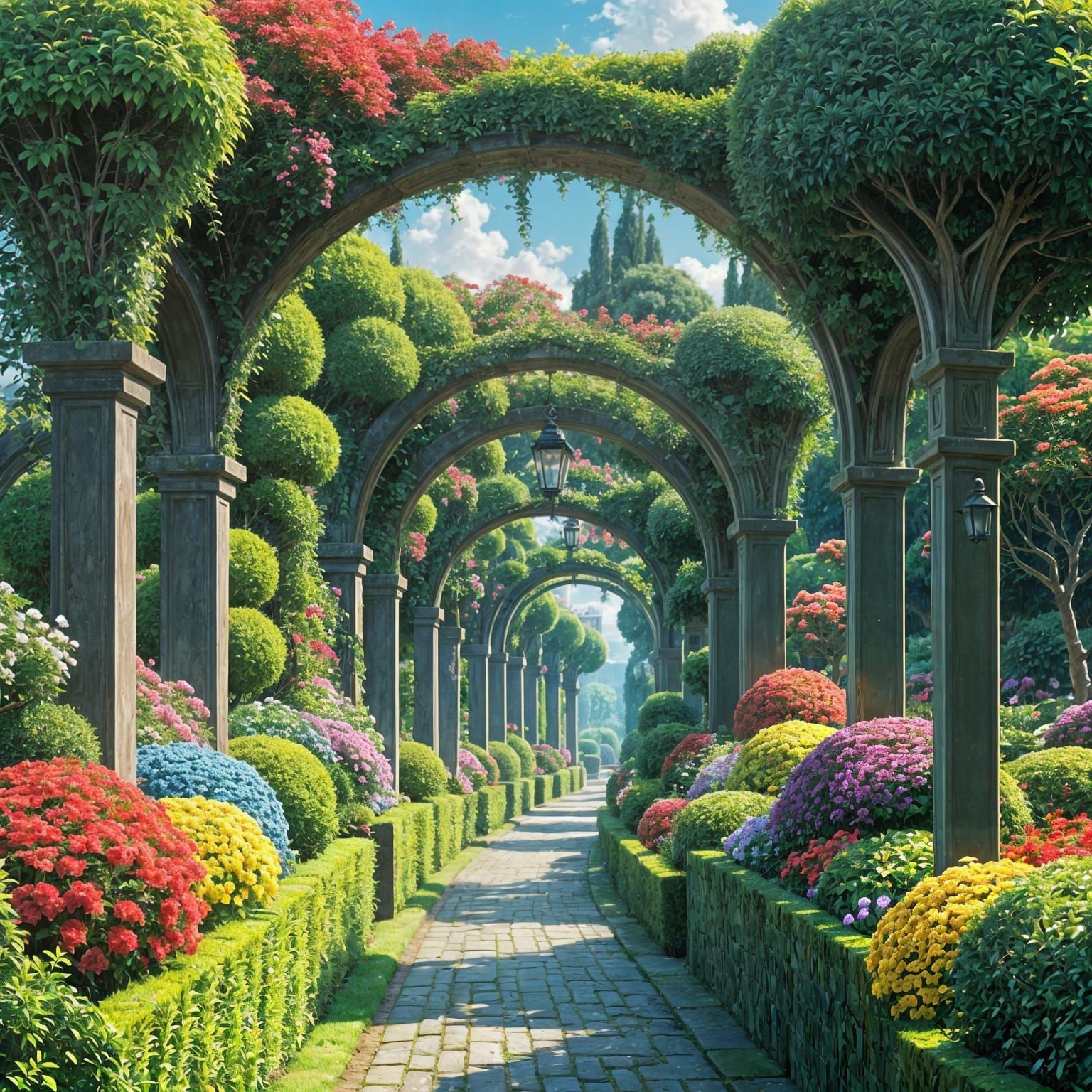 Colorful Topiary Garden in Anime Style