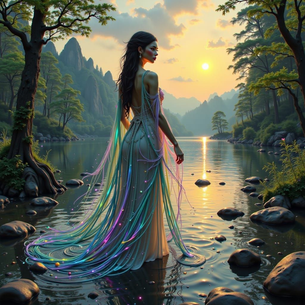 Mystical Woman in Iridescent Robes: Surreal Portrait