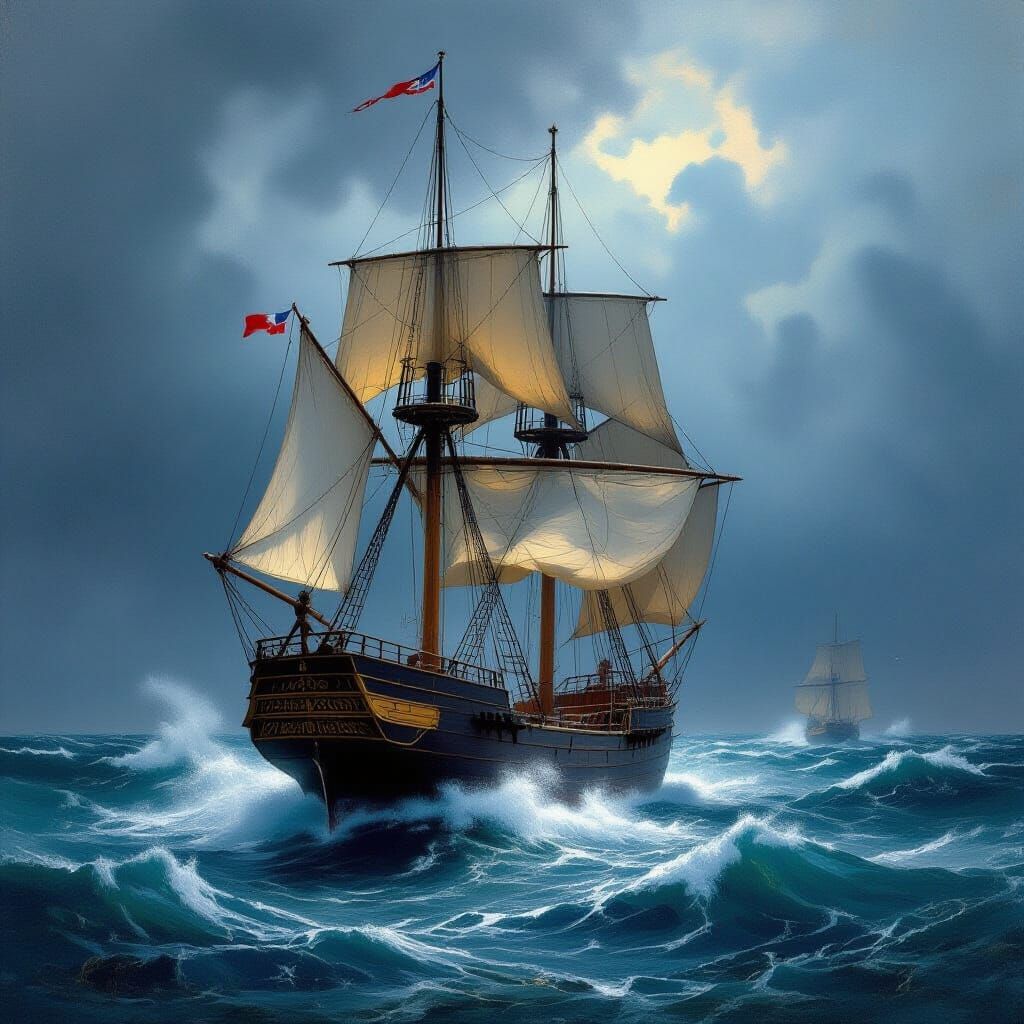 Frigate Battles Stormy Seas in Dramatic Maritime Art Style
