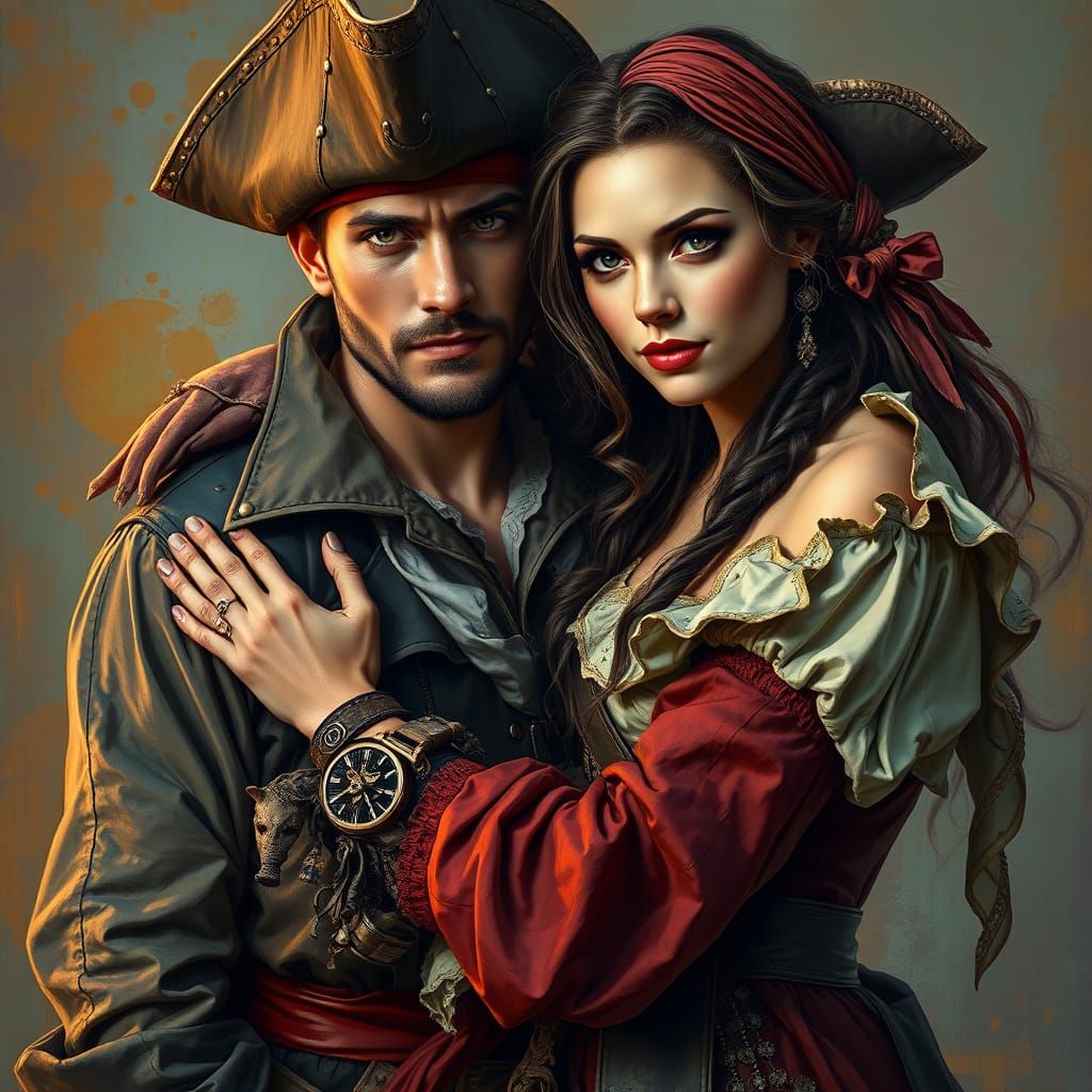 Pirate Couple Embrace in Hyperrealistic Splash Art