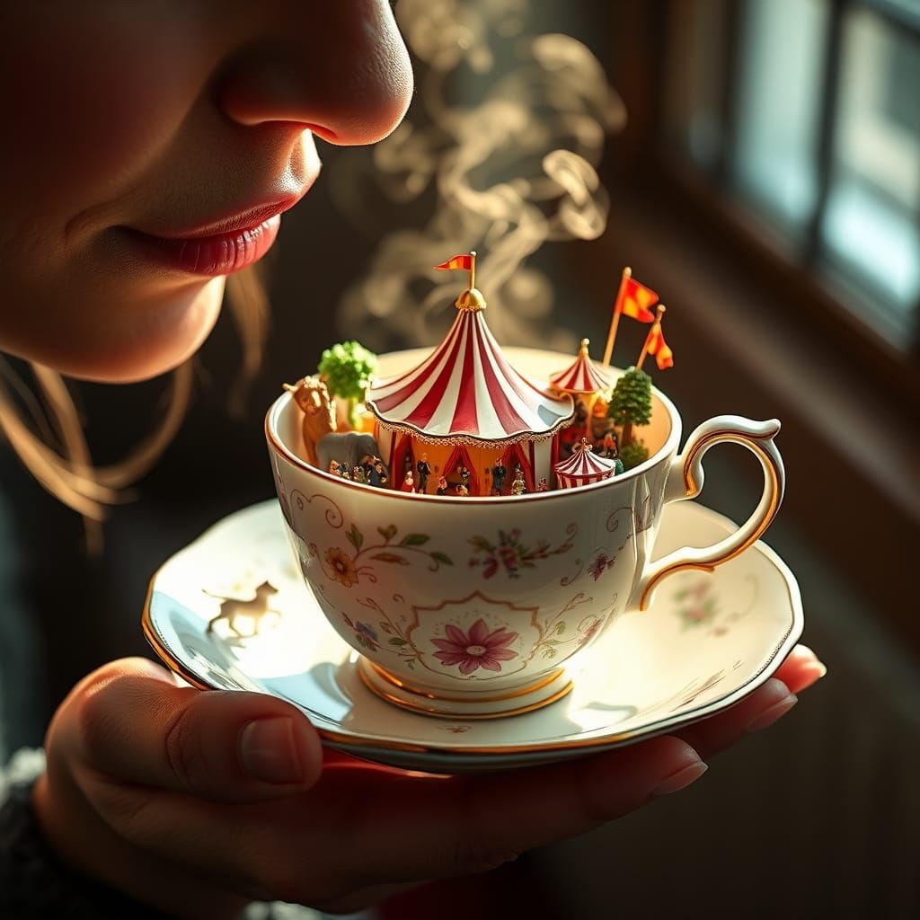 Miniature Circus Inside Glowing Teacup