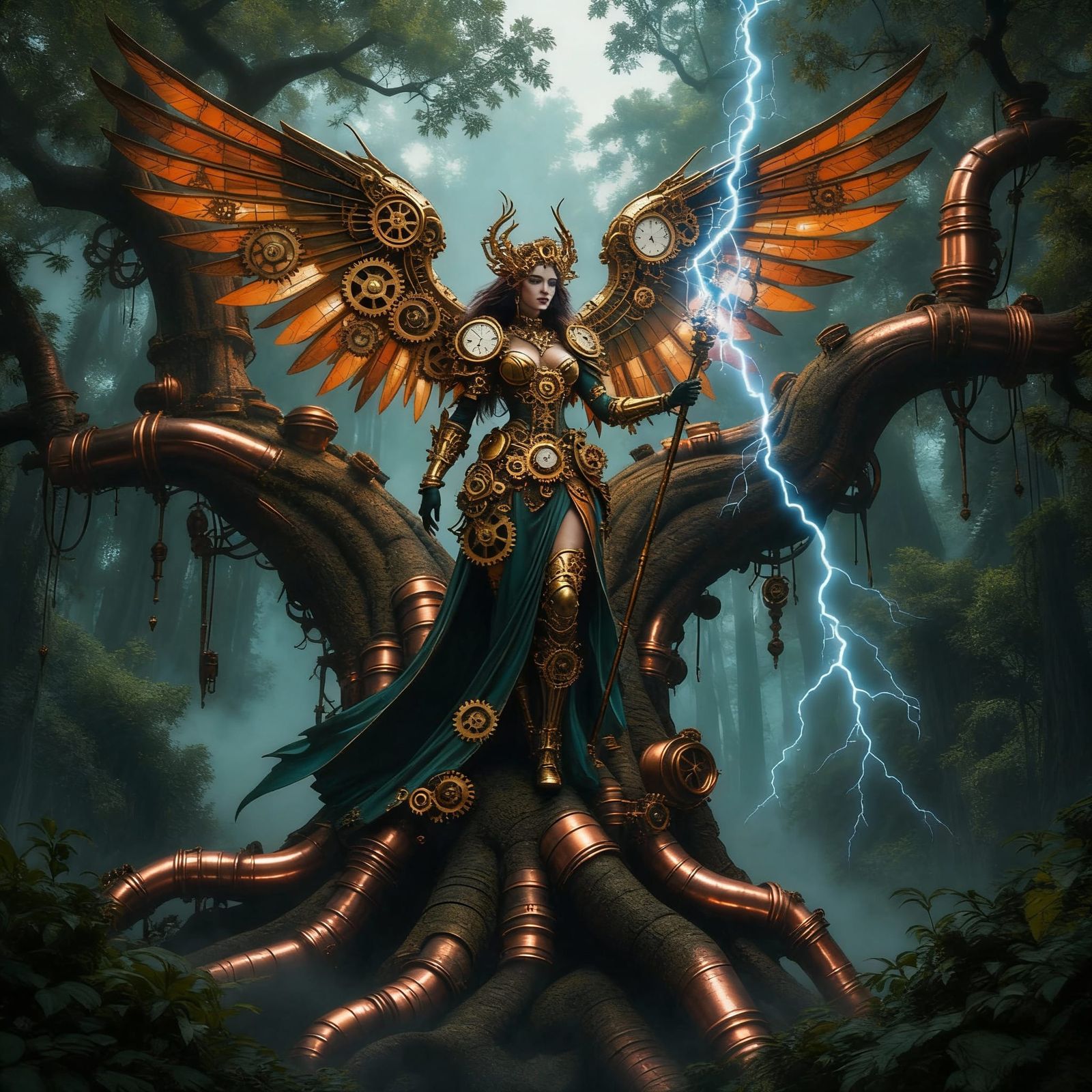 Steampunk Goddess on Ancient Tree with Lightning Staff