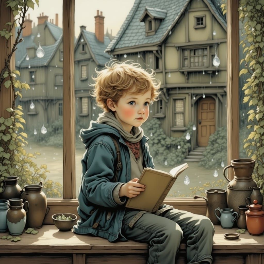 Whimsical Toddler Contemplates Rainy Day in Intricately Deta...