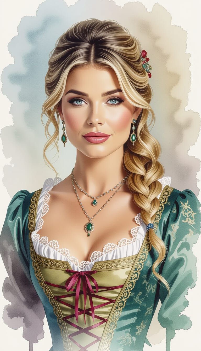 Elegant Portrait in Ink and Watercolor, 1700s Style