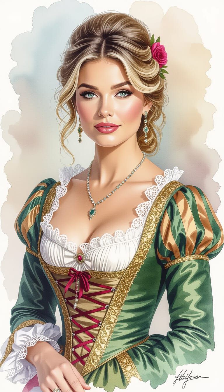 Portrait of a Woman in 1700s Attire, Ink and Watercolor