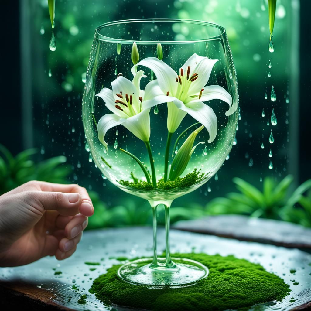 Glowing Glass Lily in Wine Glass, Splash Art