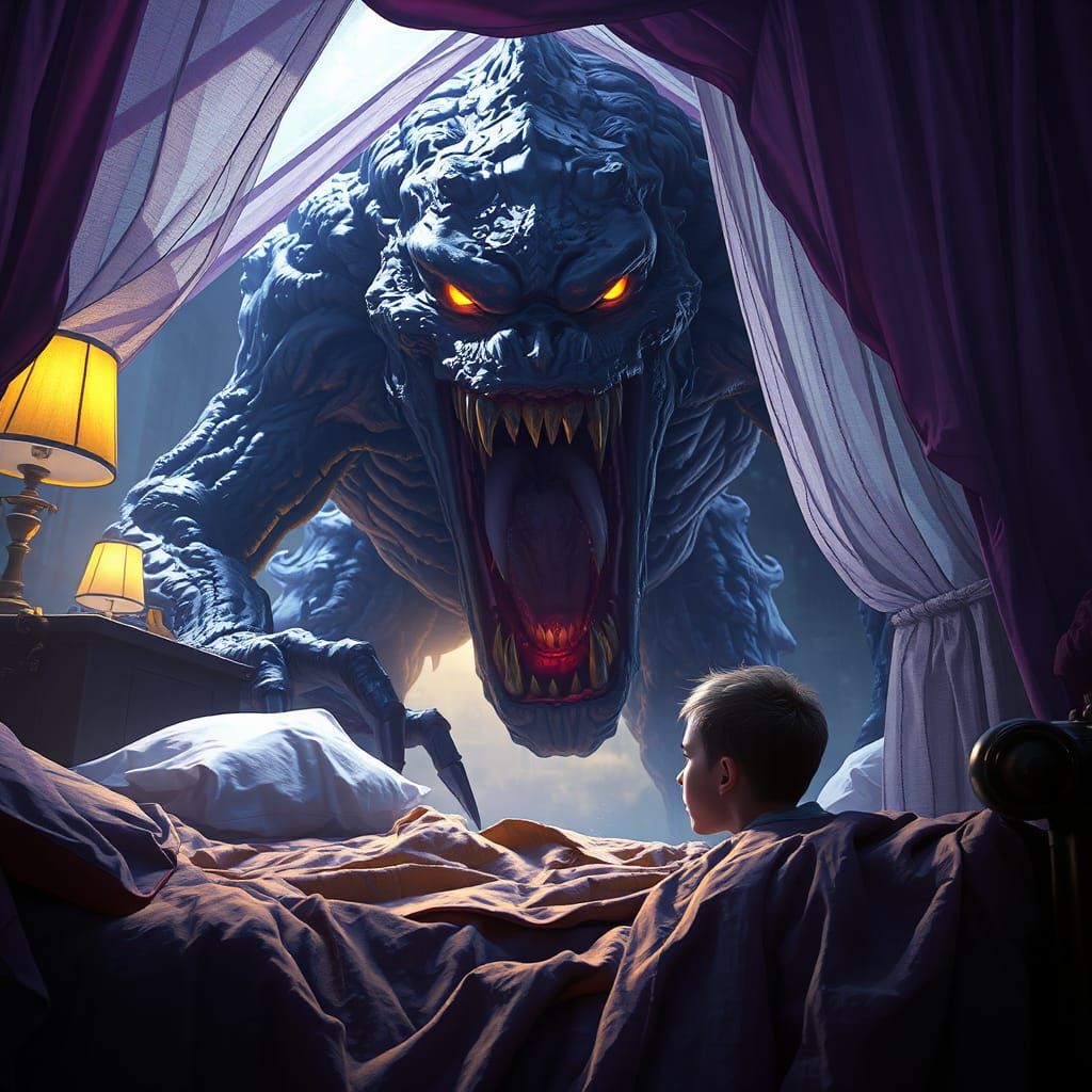 Boy and Monster Under Bed: Dark Fantasy Concept Art