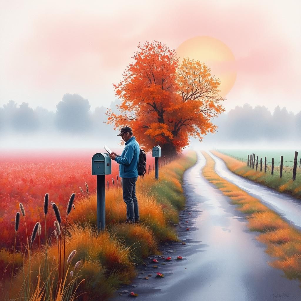 Postman Delivers Mail in Sunset Landscape, Watercolor Painti...