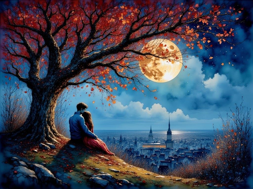 Couple Embracing Under Autumn Tree Overlooking Futuristic Ci...