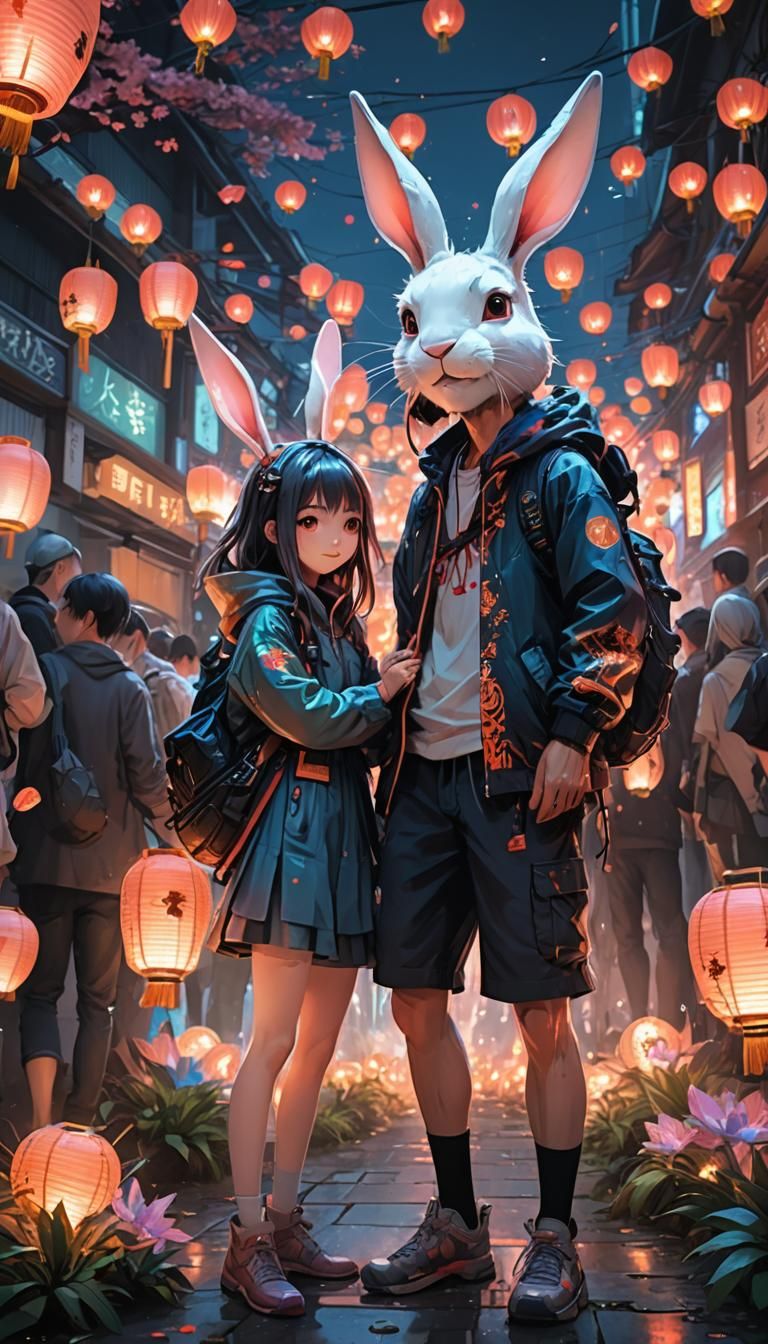 Cyberpunk Rabbit Lantern Festival: Dreamlike Digital Art