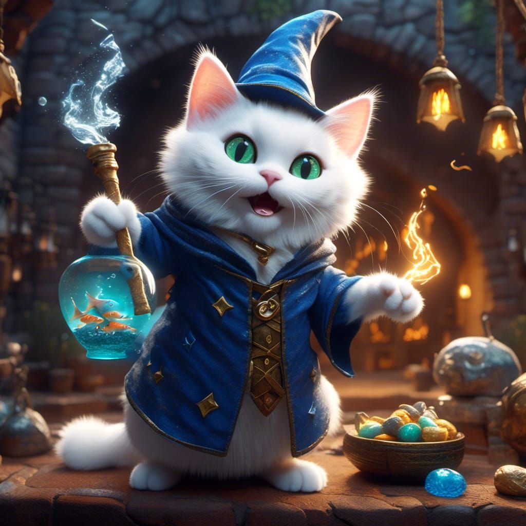 <lora:Wizard Cats:1.0> An adorable white male cat that is dressed up like a wizard waving his wand to do magic and his ...