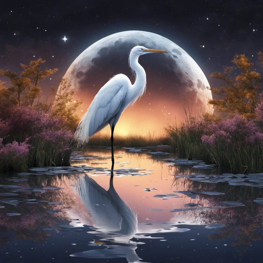 Night Pond with White Egret in 3D Render