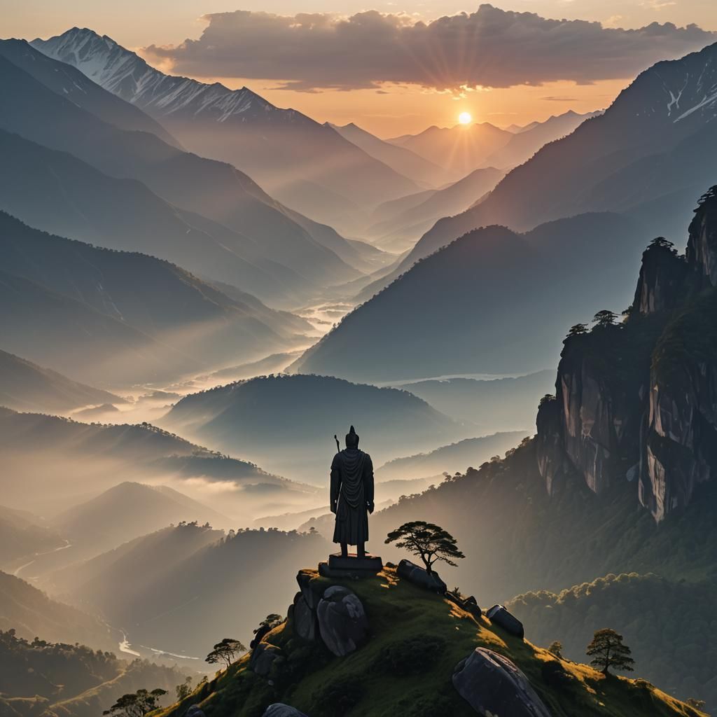 God Figure at Sunrise Over Mountains