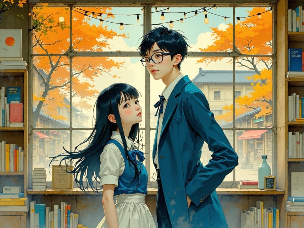 Pastel Anime Couple in Cozy Bookstore Setting