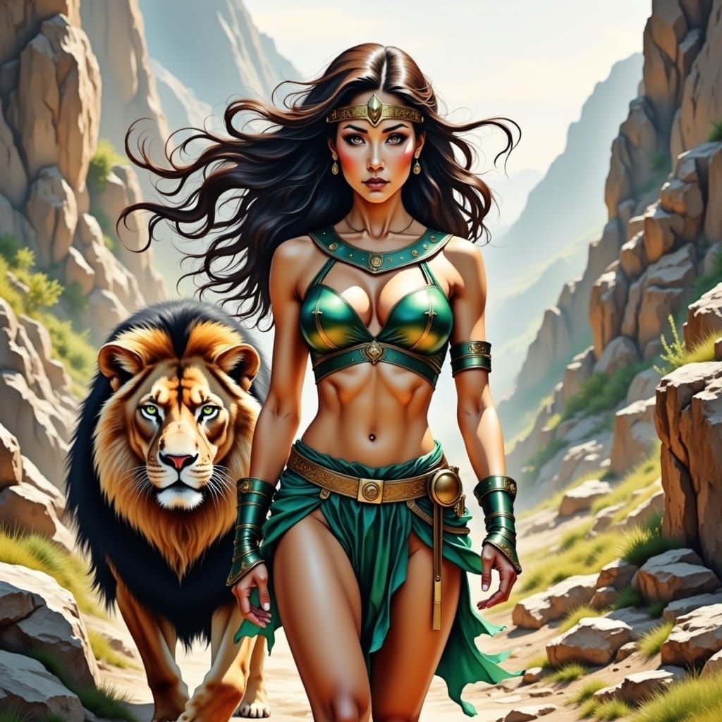 Anime Warrior Woman with Lion in Ancient Greece