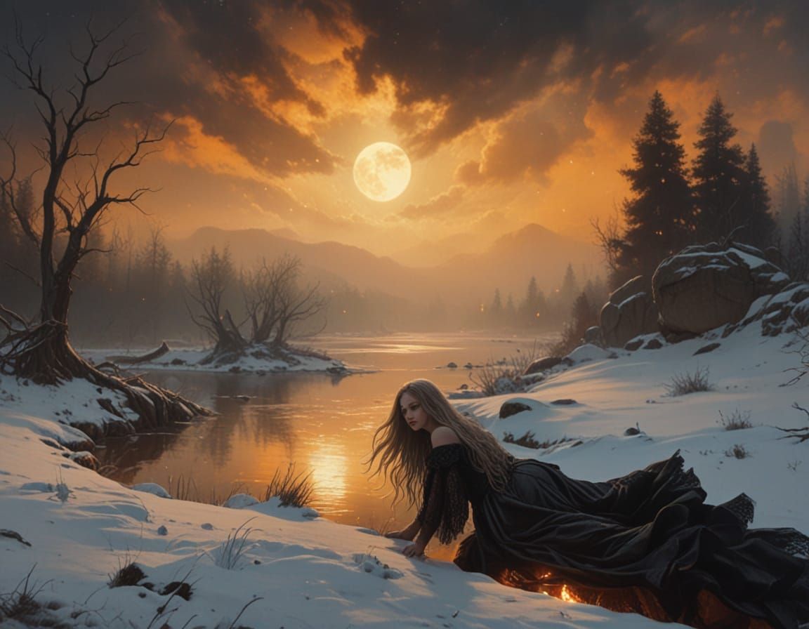 Ethereal Goddess in Foggy Forest, Romantic Oil Painting