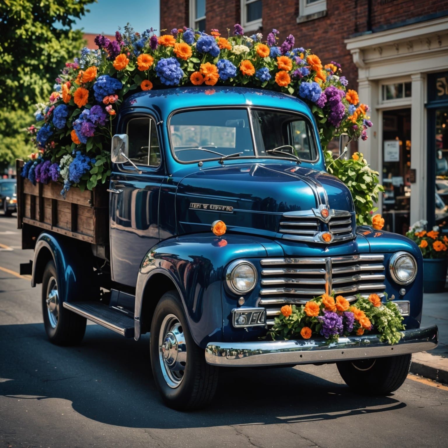 Iridescent Blue Truck Overflowing with Flowers