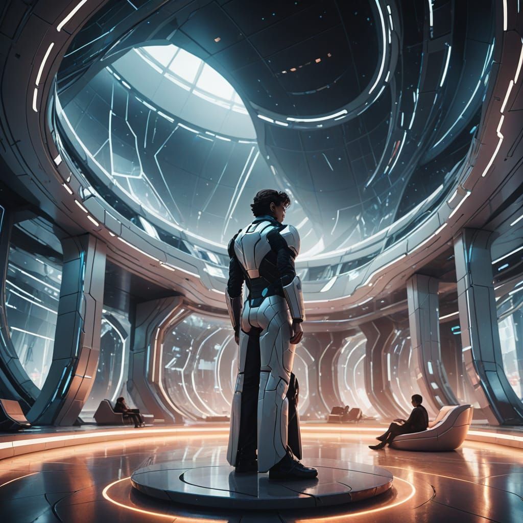 Elegant Futuristic Being in a Curved Crystal Building