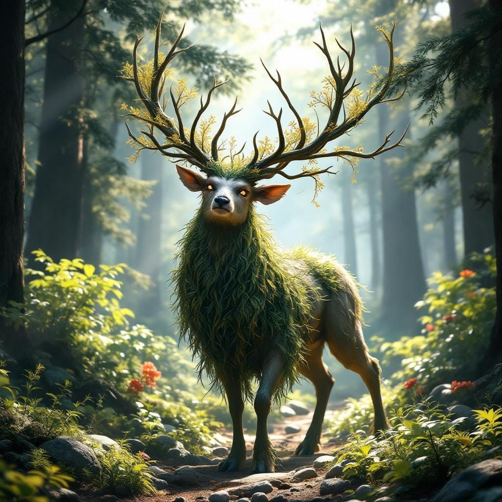 Majestic Deer God in Cedar Forest, Anime Style