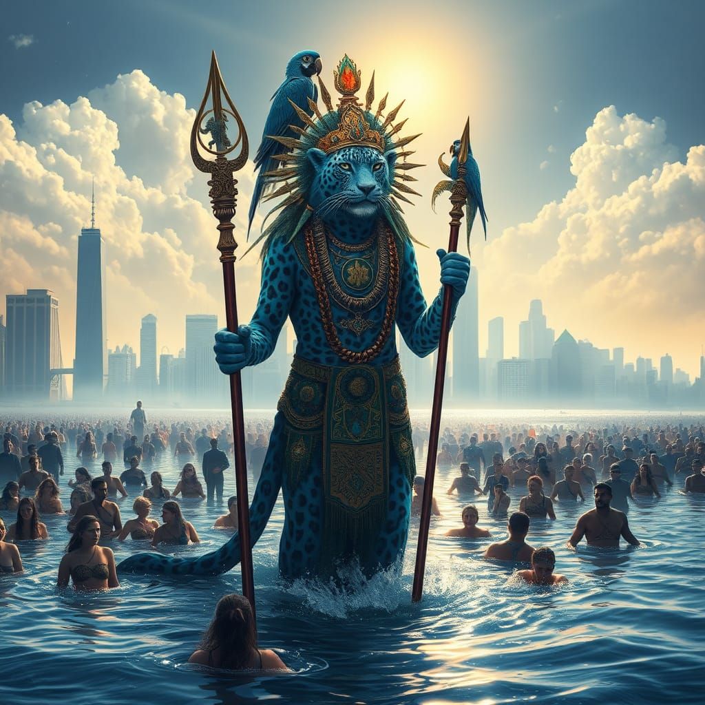 Blue Leopard Shaman in Flooded Cityscape
