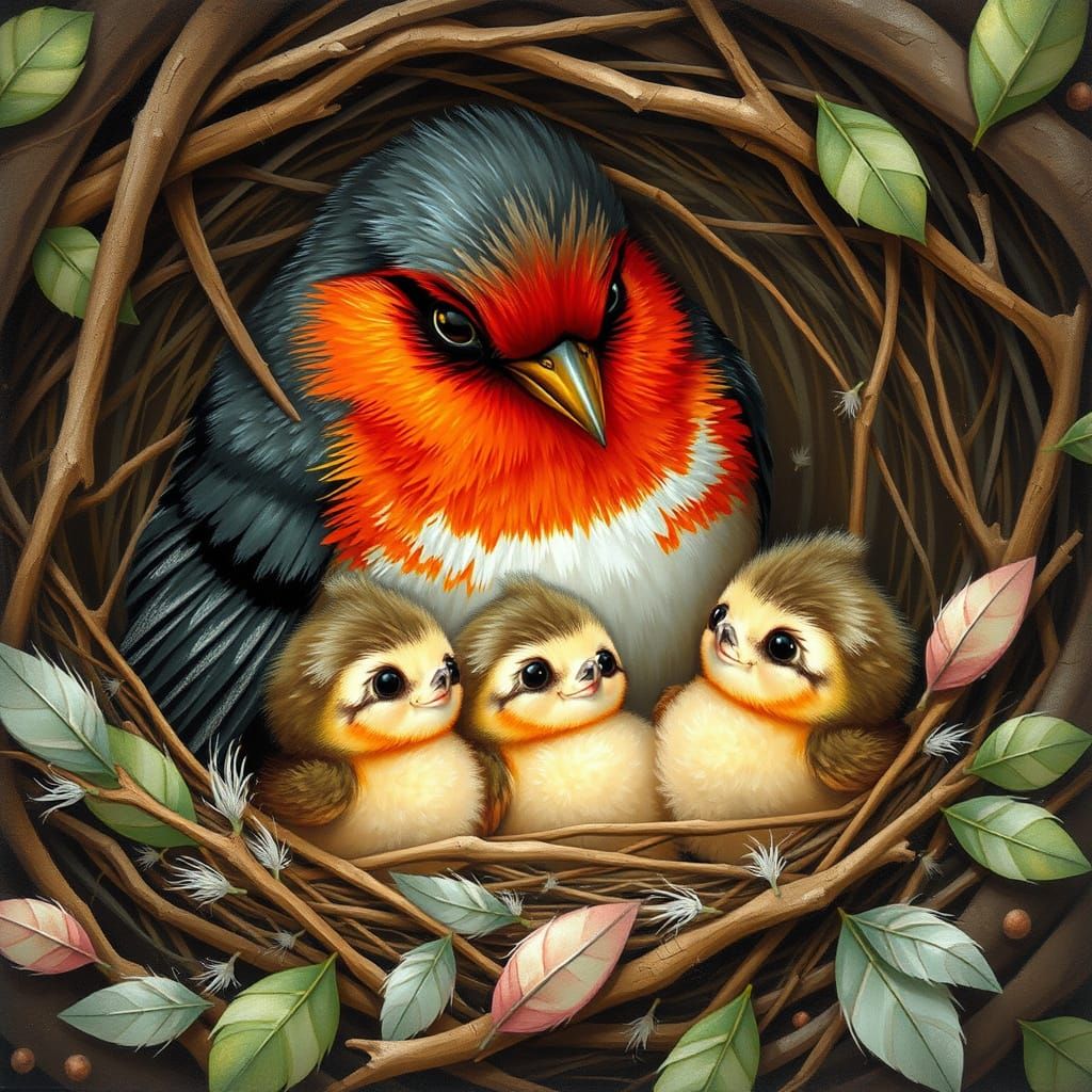 Mother Robin and Brood: Storybook Illustration