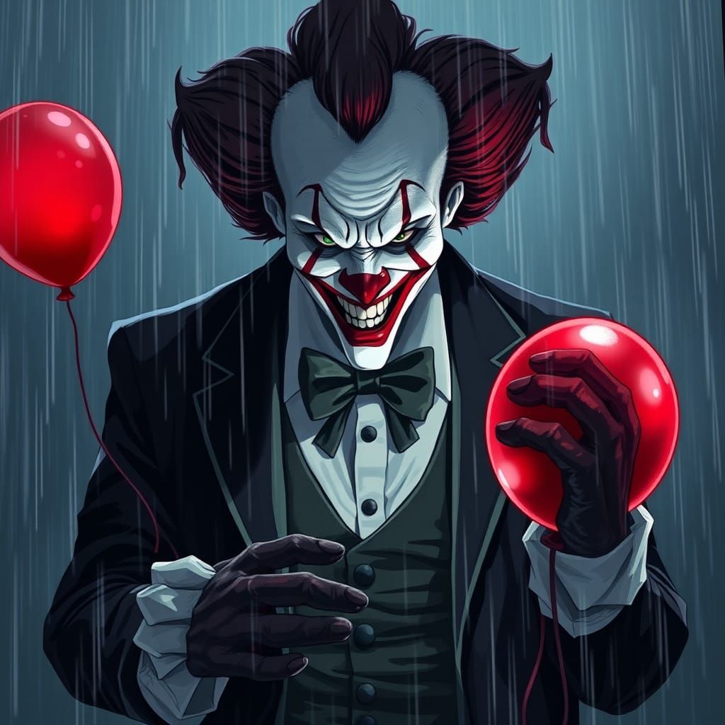 Foreboding Clown with Red Balloon in Anime Style