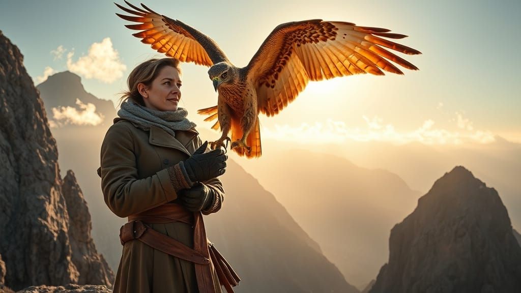 Falconer training her golden falcon to return to her arm after flight, falcon is beautiful with an abnormally huge wing ...