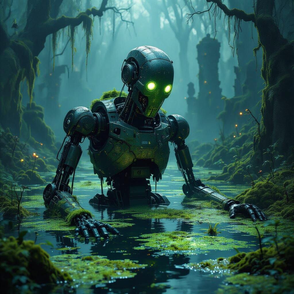 Ancient Automaton in Bioluminescent Swamp