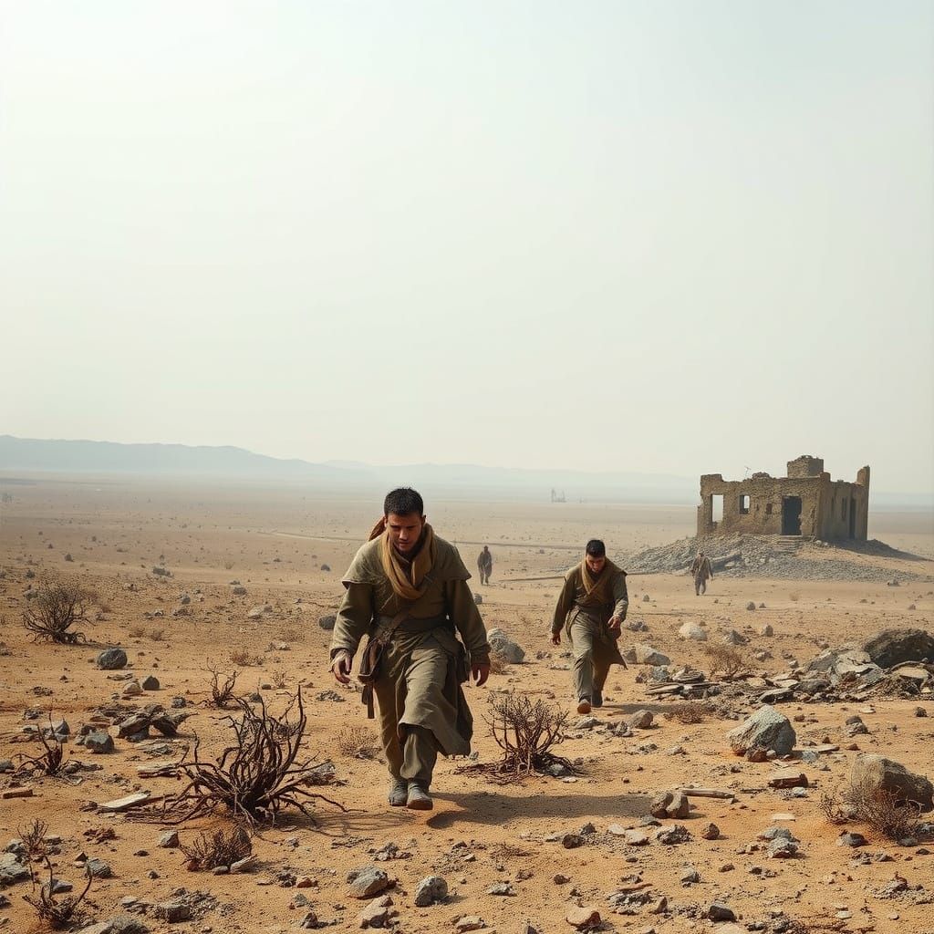 Barren Post-Apocalyptic Wasteland with Weary Travelers