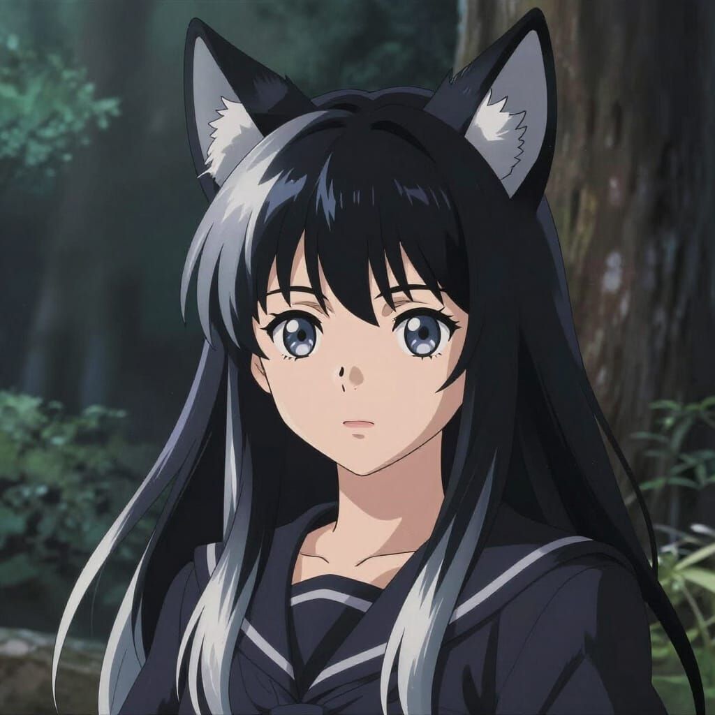 Anime Girl with Black Silver Wolf Cut and Ears