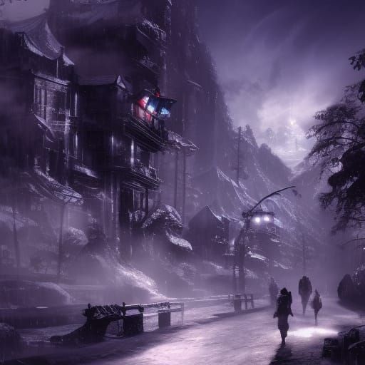 Snowy Mountain Village in Synthwave Style