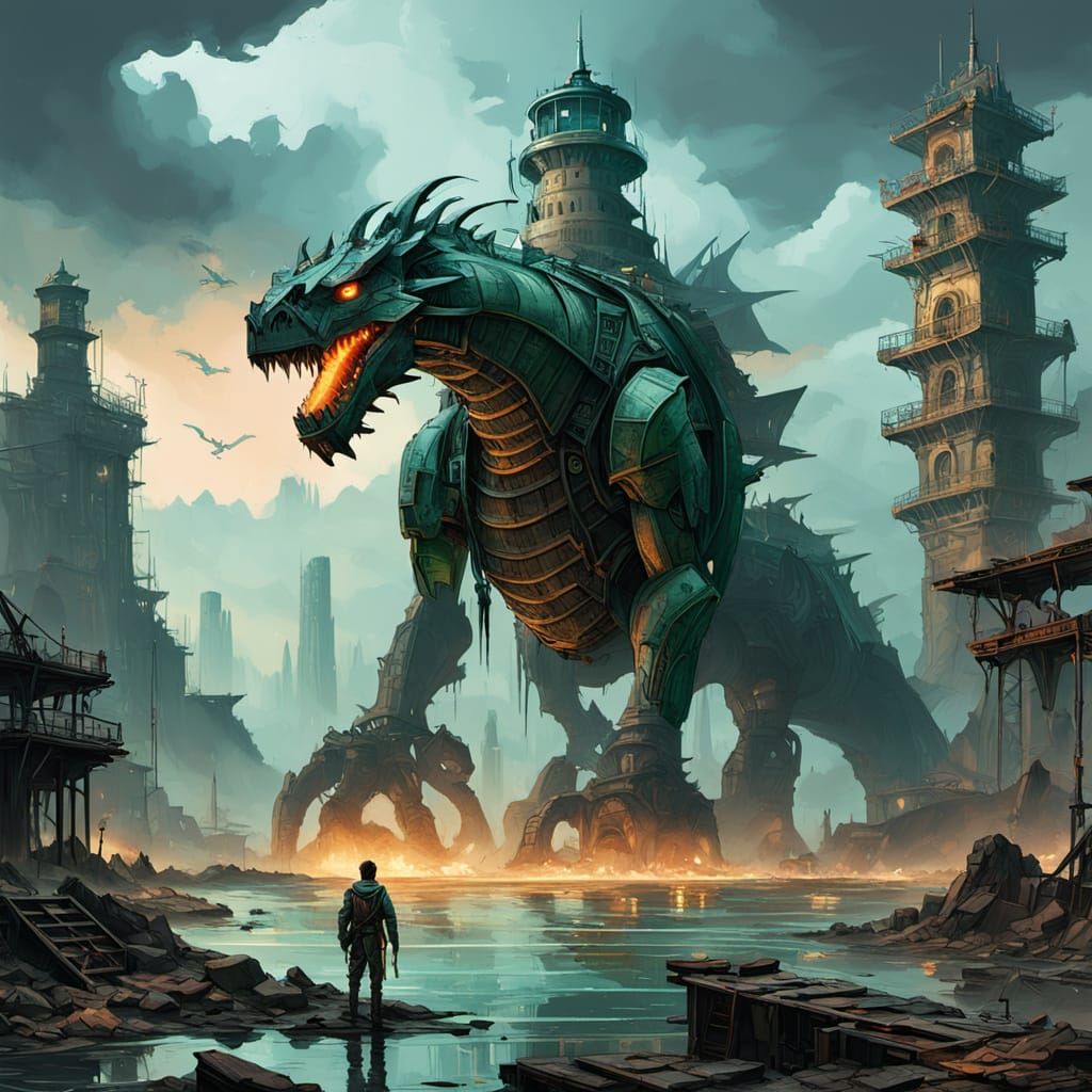 Cyberpunk Lighthouse Amidst Flooded City Ruins